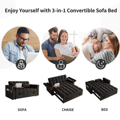 65" 3-in-1 Foldable Velvet Sofa Bed with USB Charging Port, Table Board and Storage Armrests, Adjustable Backrest Sleeper Couch for Living Room Apartment Guest Room, Black