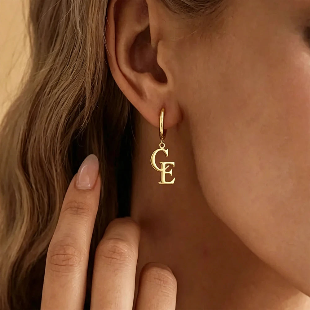 Custom Initial Letter Hoop Earrings Personalized Monogram Alphabet Pendant Gold Stainless Steel Earring Custom Name Jewelry Gift