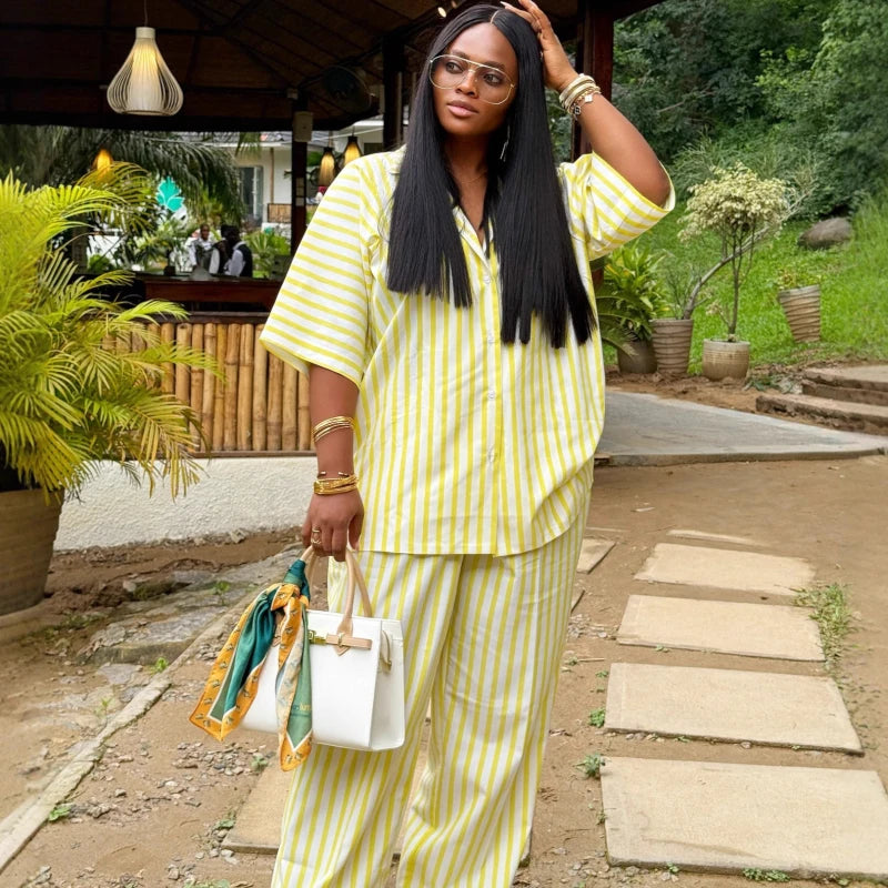 New African Fashion Women Two Piece Set Yellow Striped Printed Loose Shirt Top and Wide Leg Pants Set Outfits
