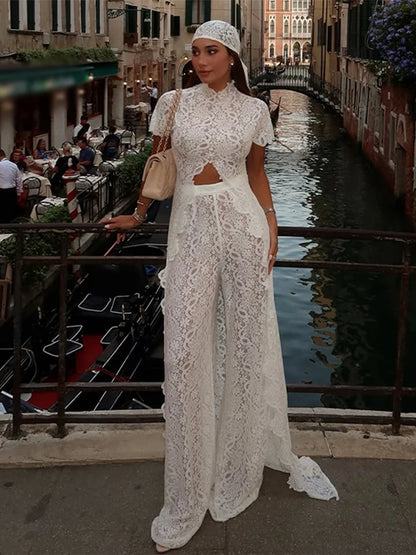 Solid Lace Two Piece Set Round Neck Short Sleeve Cutout Crop Top High Waist Wide Leg Pants 2026 Summer Elegant Party Outfits