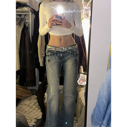 American Vintage Y2K Low Waist Bell Bottom Jeans Women's Wear Faded Slimming Crack Design Heavy Duty Dragging Pants Straight Leg