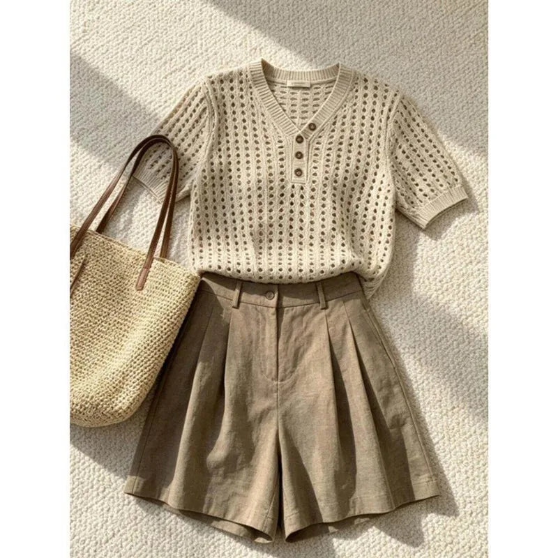 Elegant Casual 2 Piece Set 2026 Women Crochet Knit V Neck Button Short Sleeve Top High Waist Tailored Shorts Daily Summer Outfit