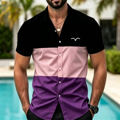 Men's short sleeved shirt with contrasting color splicing, geometric color block printed collar shirt, European and American str