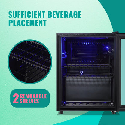 2.6 Cu.Ft Beverage Refrigerator Cooler, 100 Can Mini Fridge, Black | 32°F to 50°F, Compressor Cooling, Glass Door, 40 dB, Adjustable Temperature Control, 2 Shelves, Energy Efficient
