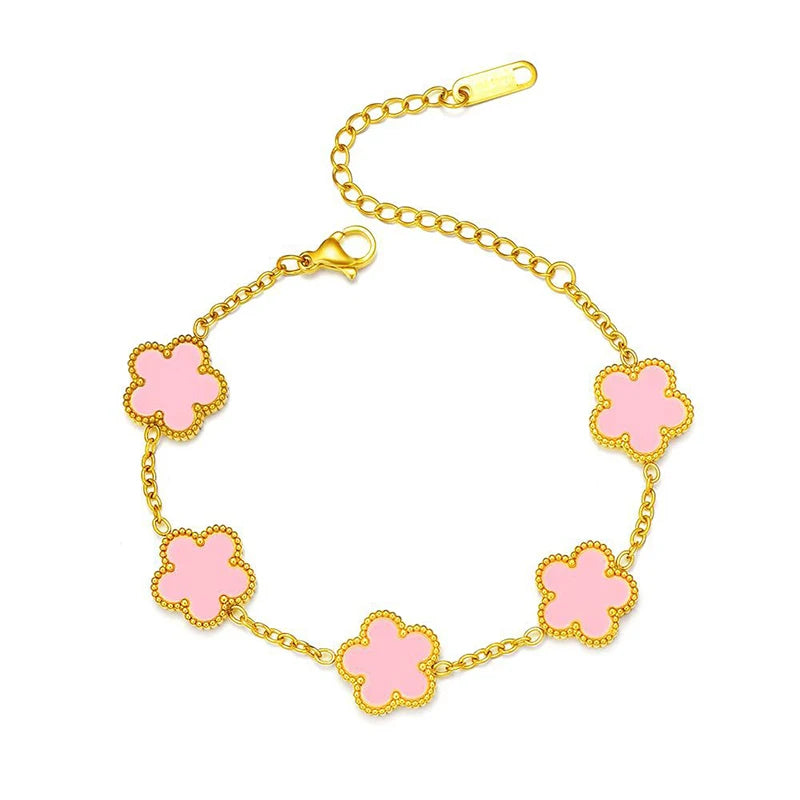 14K Gold Plated Stainless Steel Necklace Woman Five Leaf Petals Double