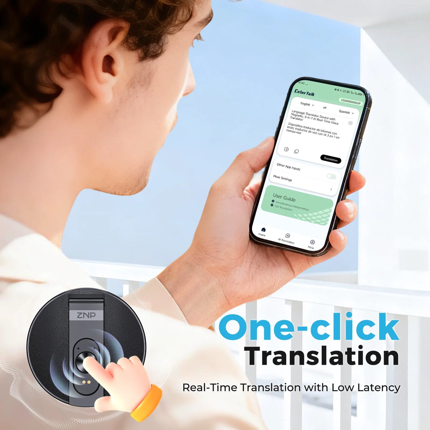 ZNP Ultra-thin AI Voice Translator Instant Professional Portable Wireless Magnetic Foldable Phone Stand 50Hrs Playback ForOffice