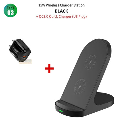 Fast Wireless Charger Stand Pad for iPhone 16 15 14 13 8 X Samsung Galaxy S24 S23 S21 S20 S10 Xiaomi Wireless Charging Station