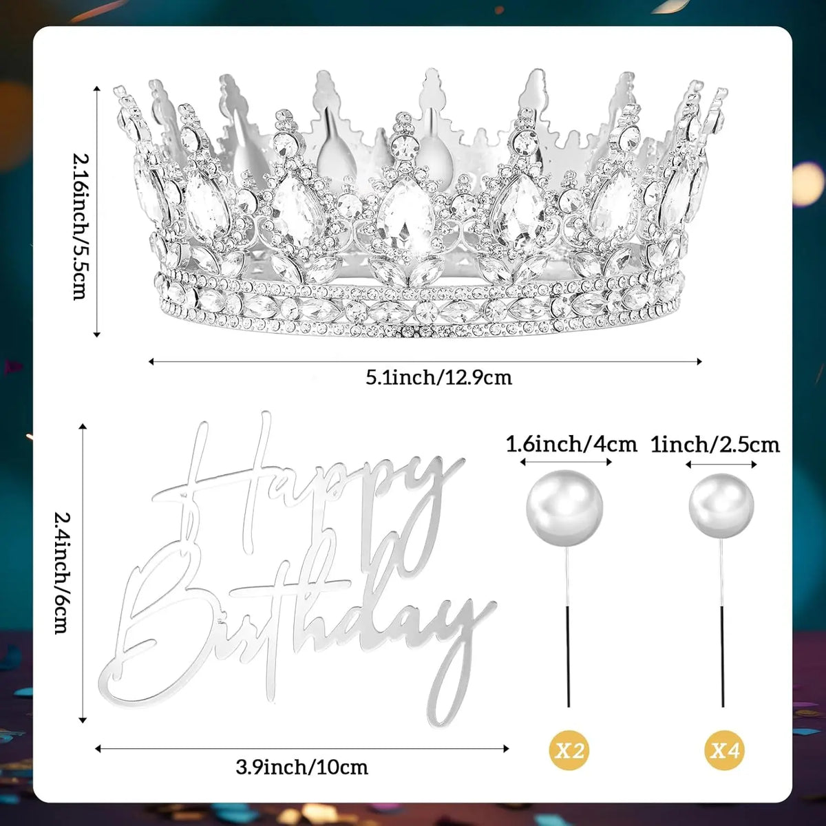 8 Pcs Silver Queen Crown Birthday Cake Topper for Women Rhinestone Crystal Tiara Wedding Happy Birthday Cake Decoration Foam
