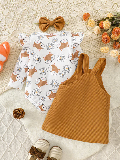 Little Fox Autumn Story Corduroy Set: Full Daisy Print Romper + 3D Embroidered Suspender Skirt + Headband Three-Piece Set, Baby Autumn/Winter Outfit