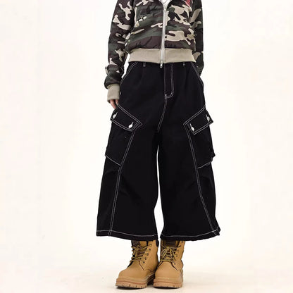 Retro American Washed Multi-Pocket Workwear Denim Shorts Unisex Black Summer Street Loose Seven-Foot Trendy Jeans Cotton