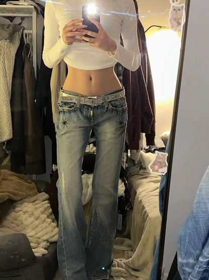 American Vintage Y2K Low Waist Bell Bottom Jeans Women's Wear Faded Slimming Crack Design Heavy Duty Dragging Pants Straight Leg