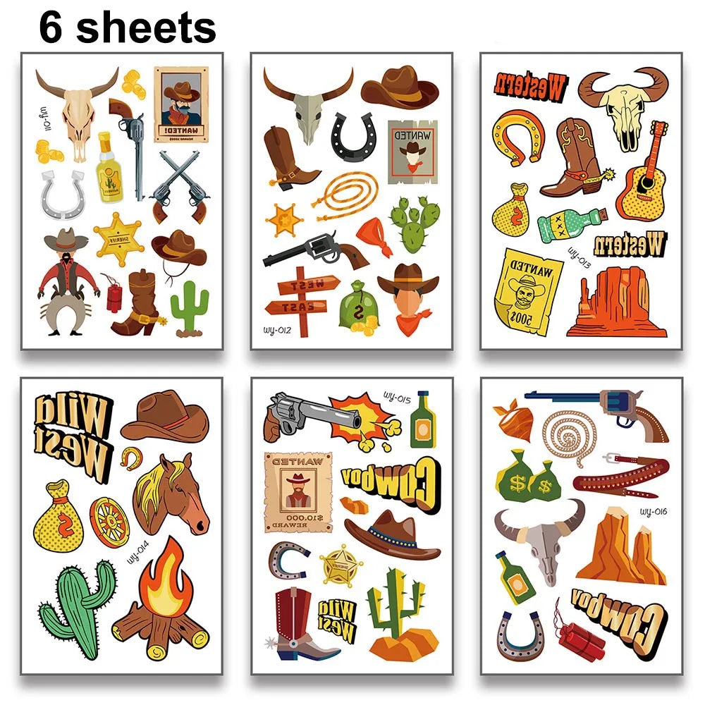 10/6 Sheets Cowboy Temporary Tattoos Stickers Western Cowboy Themed Birthday Party Decors Boys Birthday Party Favors Bag Fillers