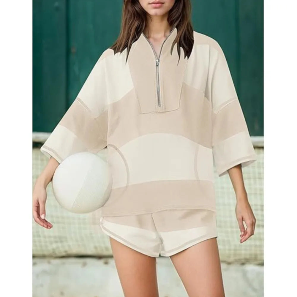 Casual Women's Baseball Sportswear 2-piece Set Summer New Fashion Striped Color Blocked Loose T-shirt And Shorts Two Piece Set