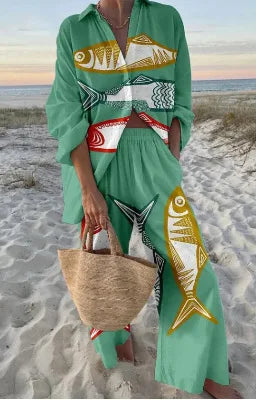 Summer Casual Shirts Two Piece Outfits 2 Pieces Set For Woman New In Matching Sets Blouse For Woman Temperament Vacation Printed