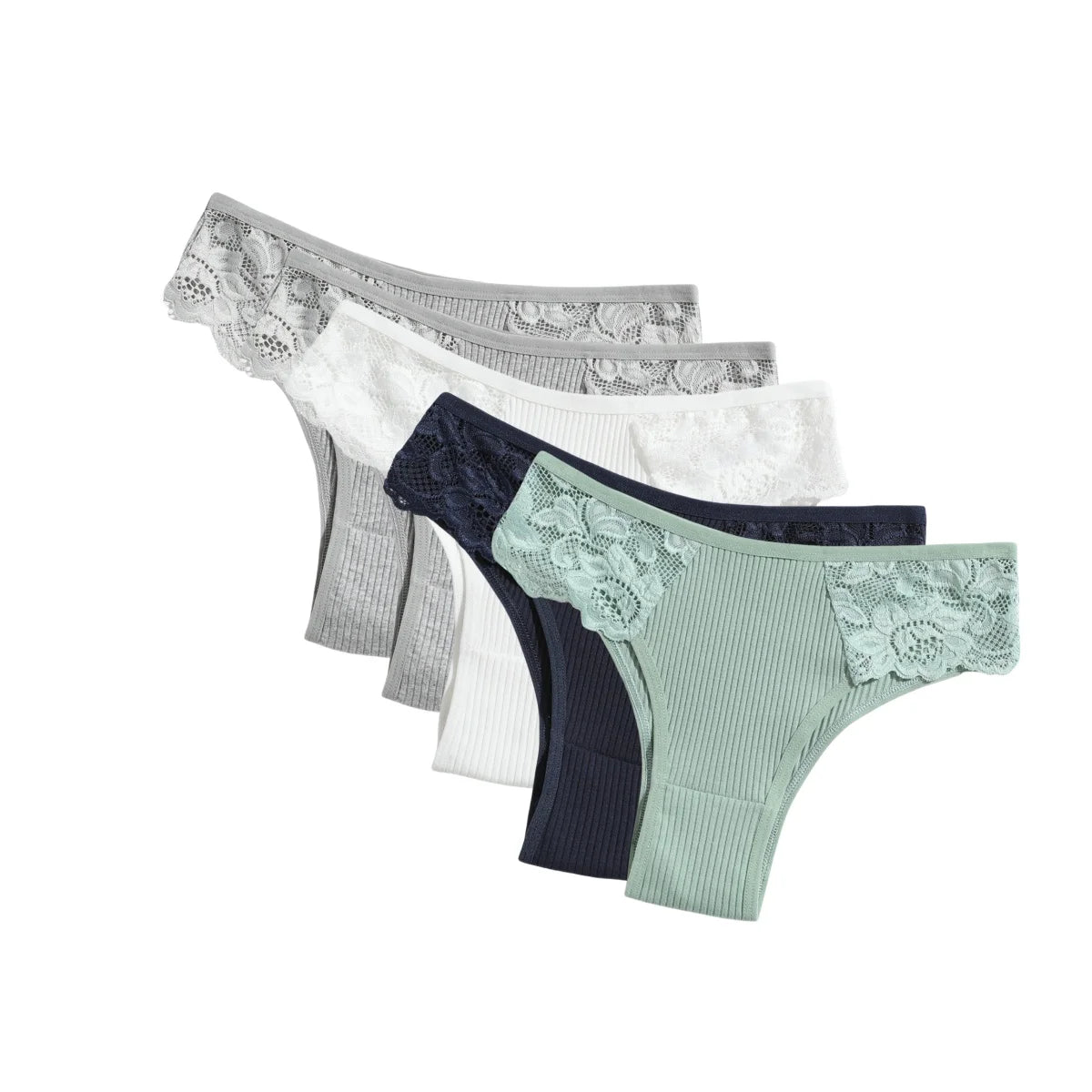 5Pcs/Set Women Cotton Panties Floral Lace Side Panel Low Rise Rib Briefs Low Cut Underwear Comfort Sexy Lingerie Daily Bikini