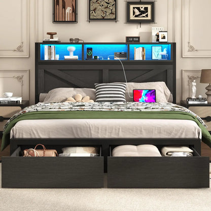 Farmhouse Queen Bed Frame & Bookcase Headboard,Charging Station & LED Light,2 Storage Drawers,Platform,Bedroom,Queen, Custom