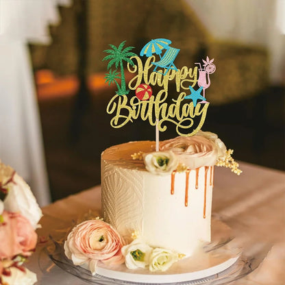 1Pc Hawaiian Beach Cake Topper Palm Tree Hibiscus Surfboard Happy Birthday Letter for Summer Pool Birthday Party Decor
