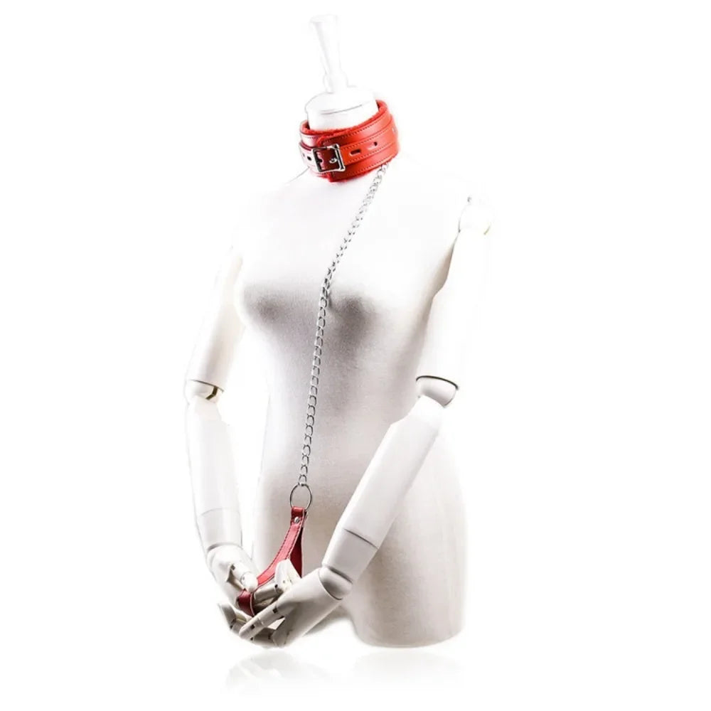 Adult sexy chain red leather thick plush collar dog chain ladies with sm bound collar toys.