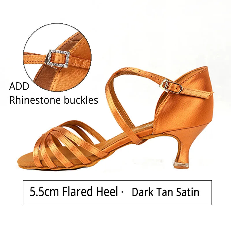 Hot Sale BD Dance Women Latin Shoes BD216 Soft Satin Sandal Leather Sole Ladies Ballroom Dance Shoes High Heel Rhinestones