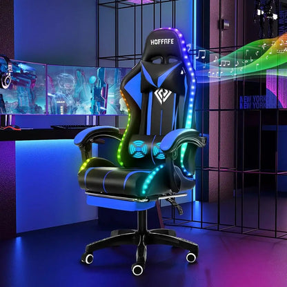 RGB Gaming Chair with Speakers LED Lights Massage Computer Chair-Blue+Black | Bluetooth Video Game Chair Reclining Gamer Chair w