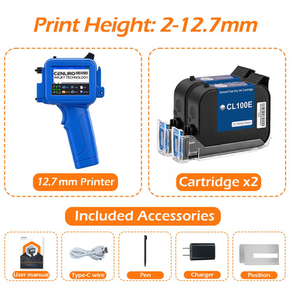 Cenliro Mini Handheld Inkjet Printer CL11P with Black Fast-drying Ink Cartridge for Date Batch Number Logo Code On Any Surfaces