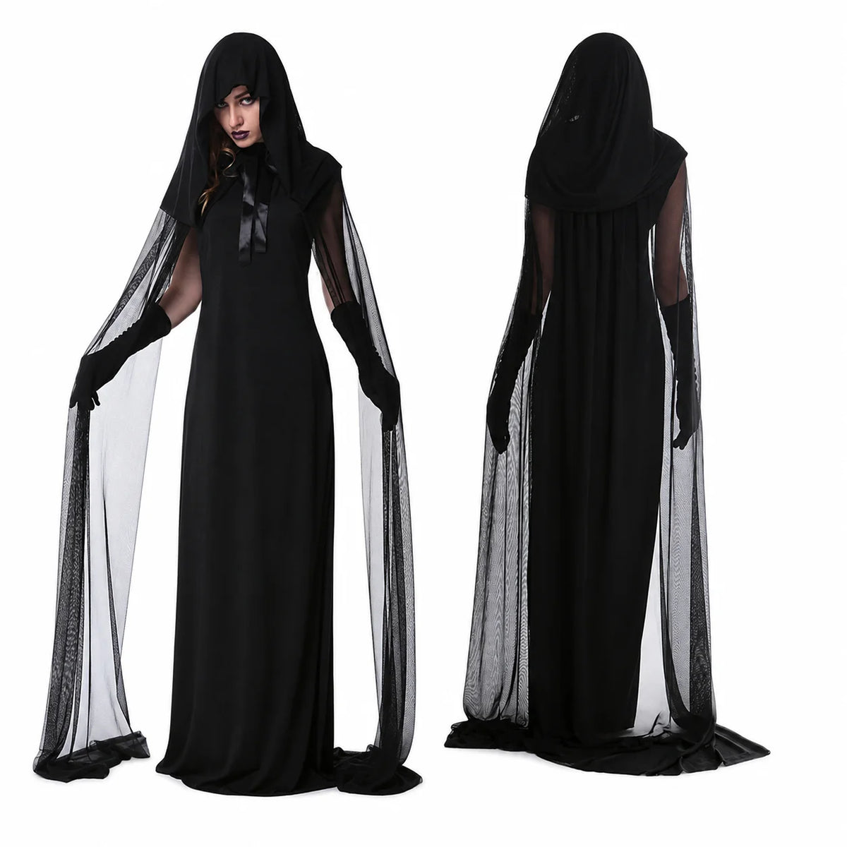 Hooded Sheer Mesh Cape Witch Costume for Women Sleeveless Black Long Maxi Robe with Long Gloves Halloween Ghost Vampire Cosplay Dark Spirit Carnival Fancy Dress Party Outfit