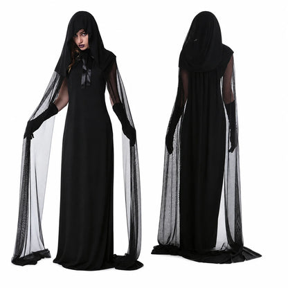 Hooded Sheer Mesh Cape Witch Costume for Women Sleeveless Black Long Maxi Robe with Long Gloves Halloween Ghost Vampire Cosplay Dark Spirit Carnival Fancy Dress Party Outfit