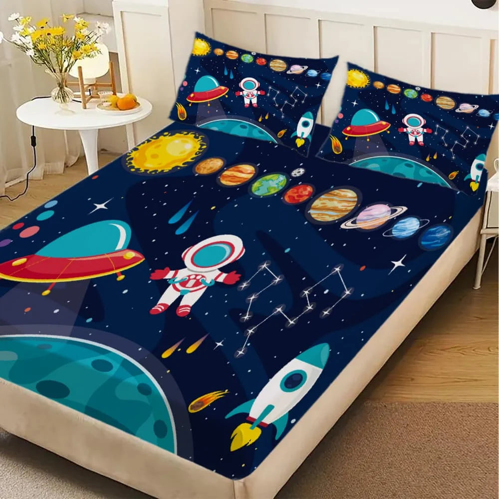 1pc Cartoon Space Astronaut Print Fitted Sheet Deep Pocket Elastic Mattress Cover Single Double Queen King Bedroom Decor