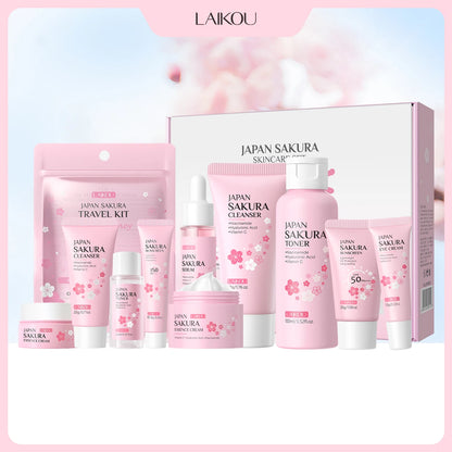 LAIKOU Japan Sakura Full Skincare Set Cleanser Toner Serum Cream Eye Cream Sunscreen Travel Kit Complete Facial Care