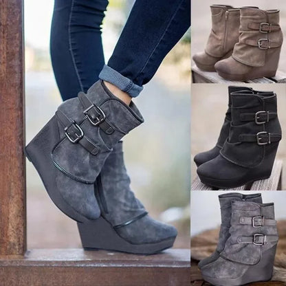 Women's Fashion Ankle Boots Suede Wedge Zipper Solid Color Short Boots Round Toe Shoes Women's Suspender Shoes 2025 NEW