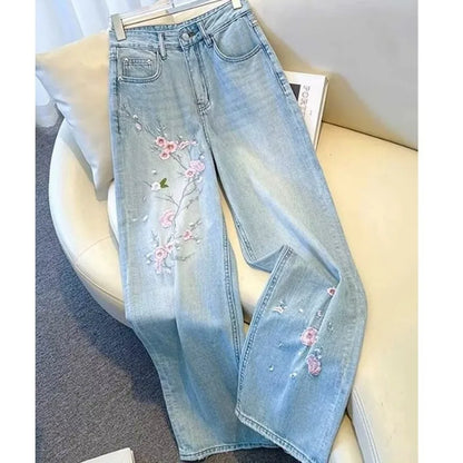 New Pink Flower Embroidered Jeans Women Spring  Autumn High Waist Fashion Slim Wide-Leg Pants Embroidered Straight Pant