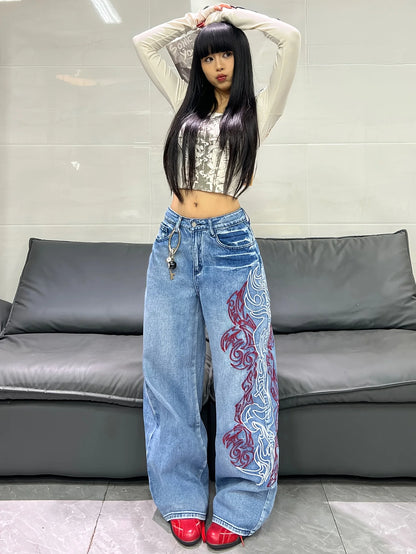 American Retro Two-Color Embroidered Wide-Leg Women's High-Waisted Jeans - Fashionable Design, Straight-Leg Loose Slimming Wide-Leg Floor-Length Trousers For Street Hotties