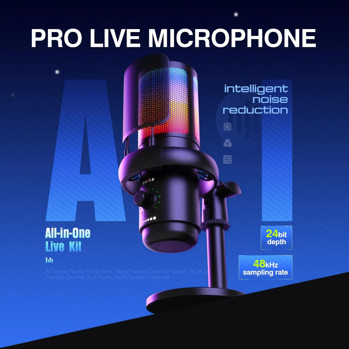 USB Gaming Streaming Microphone with RGB Light, AI Noise Reduction Podcast Mic Kit
