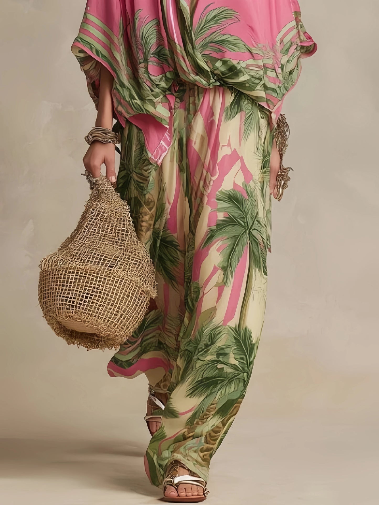 Fashion Color Print Two Piece Set Women Loose Batwing Sleeve Shirts Wide Legs Trousers 2 Piece Set Female Vacation Suits