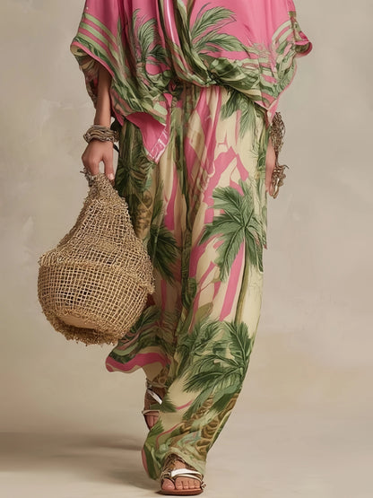 Fashion Color Print Two Piece Set Women Loose Batwing Sleeve Shirts Wide Legs Trousers 2 Piece Set Female Vacation Suits