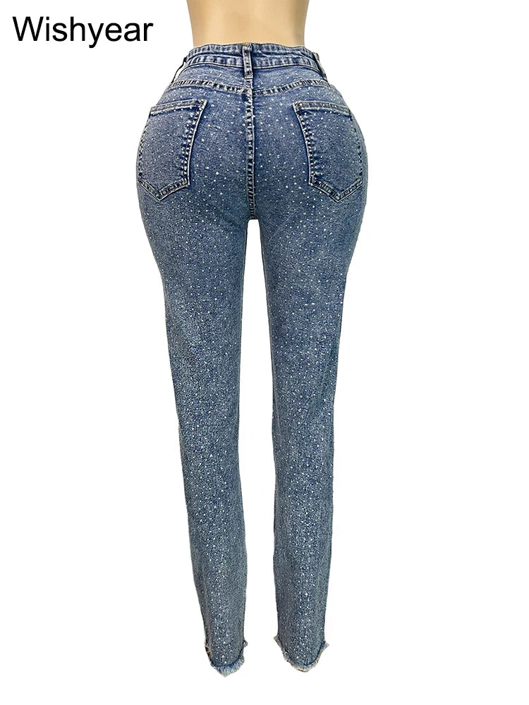 Diamond Distressed Skinny Jeans | Beaded High-Waist Pencil Pants | Women's Y2K Streetwear Denim