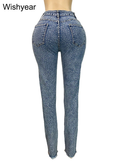 Diamond Distressed Skinny Jeans | Beaded High-Waist Pencil Pants | Women's Y2K Streetwear Denim