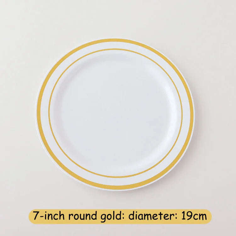 New Multi piece Set - Gold Platter Set, Plastic Tableware, Gold Edge Plate, Knife, Fork, Spoon, Party Wedding Set, Dessert Plate