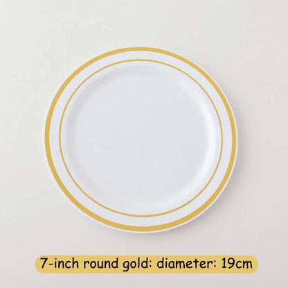 New Multi piece Set - Gold Platter Set, Plastic Tableware, Gold Edge Plate, Knife, Fork, Spoon, Party Wedding Set, Dessert Plate