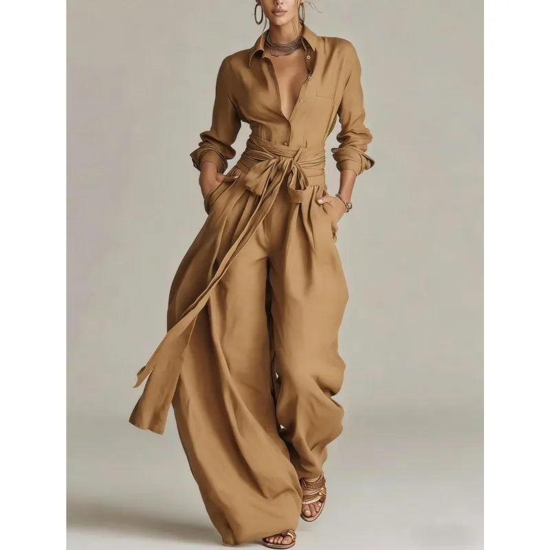 Temperament Female Two Piece Set Summer Fashion Lapel Strap Design Wide Leg Pants Suit With Pocket Lady High Waist Office Outfit