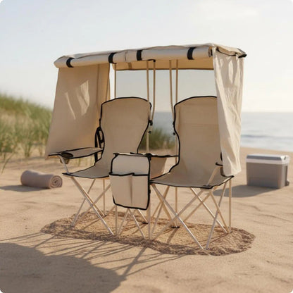 Portable Double Leisure Chair with Umbrella Folding Outdoor Loveseat for Camping Garden Patio Fishing