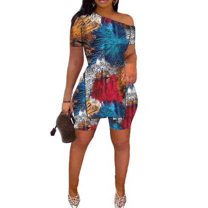 Print Two Piece Shorts Sets Women Skew Collar Short Sleeve Shirts Side Split Tops Pullover Elastic Waist Trousers Summer 2025