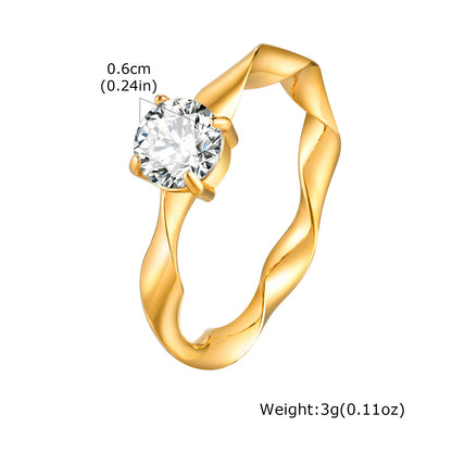 Minimalist Water Drop White Zircon Women Ring, Wave Drop Stainless Steel Ring, 18K Gold Plated Waterproof Luxury Jewelry
