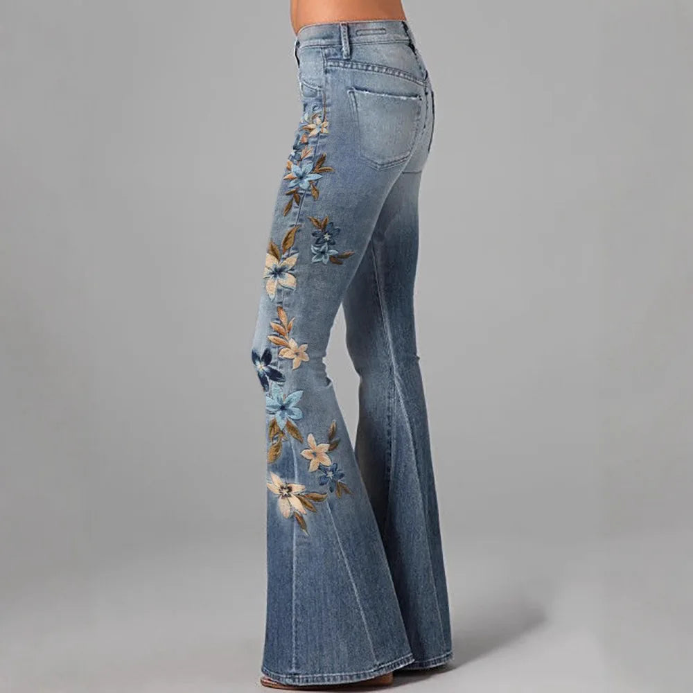 Womens Casual 3D Printed Denim Flared Pants Slim Fit Bell Bottom Jeans Fashion Daily Wear Trousers