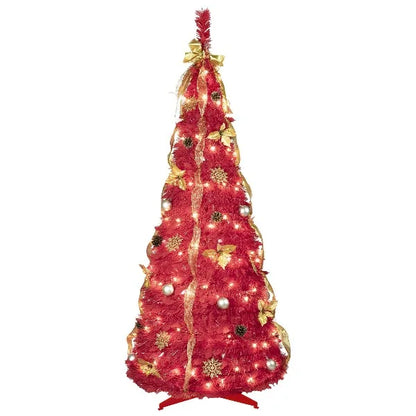 6FT Prelit Full Pop Up Christmas Tree with 150 Warm LED Lights, Gold and Red Ribbon, Bows, Balls Ornaments Easy Assemble Collapsible Xmas Trees Holiday Party Decor