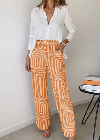 Elegant Office Lady Casual Suit Fashion Solid Long Sleeve Lapel Shirt Elastic Waist Print Trousers Two Piece Set 2024 Autumn New