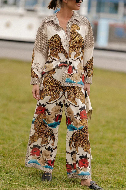 Fashion Print Beach Holiday 2-Piece Set Women Spring Summer Long Sleeve Shirt Top + Wide Legs Women's Oversized Two-Piece Outfit