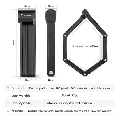 WEST BIKING Bike Foldable Lock Anti-theft Electric E-Bike Chain Padlock Motorcycle Safety Portable Locks Bicycle Accessories