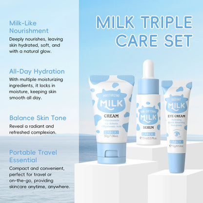 Deep Hydration Milk Skincare Set Softening Serum Gentle Eye Cream Radiant Moisturizing Glowing Trio