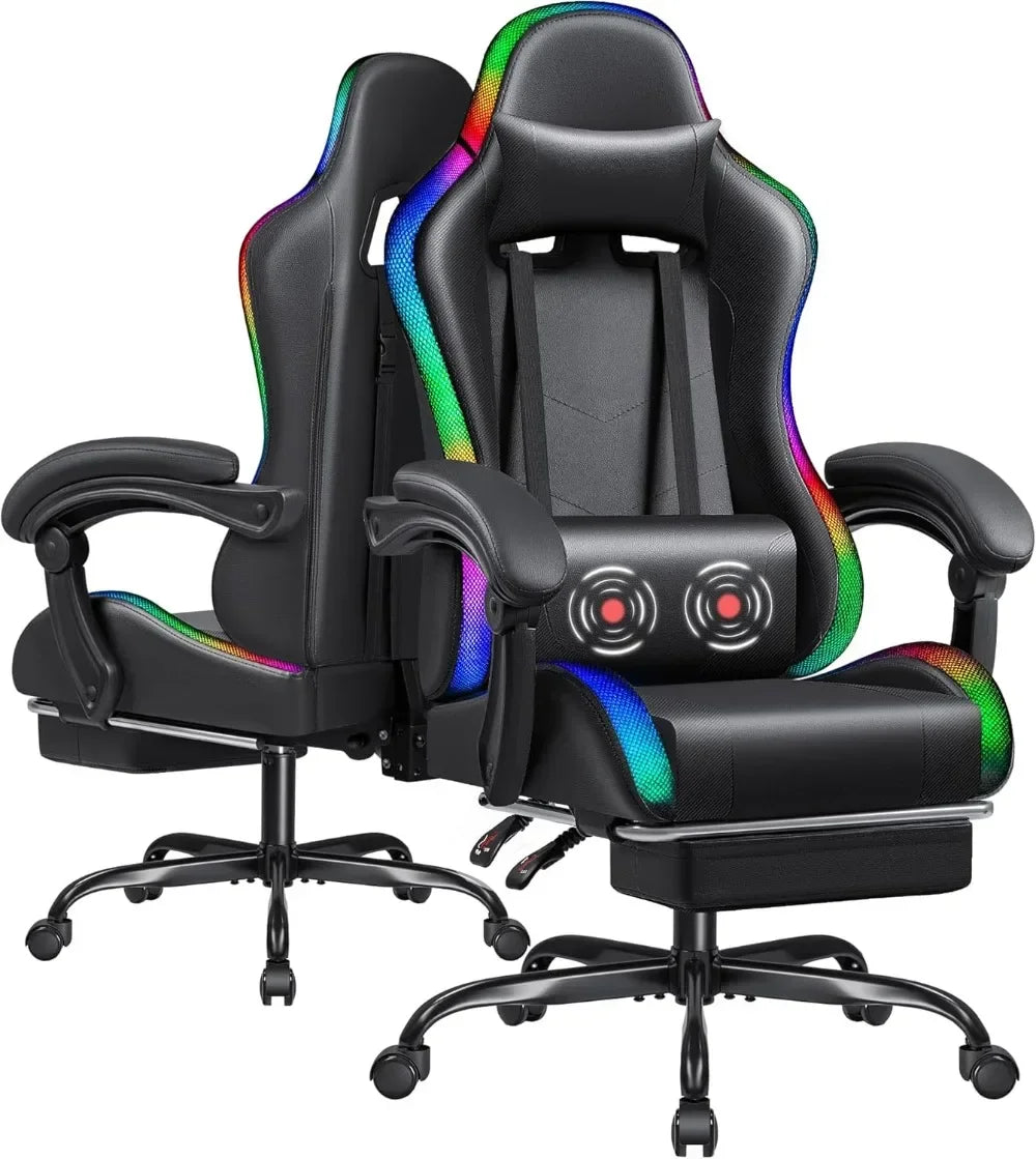 Chair with RGB LED Lights, Video Game Chair with Footrest and Massage Lumbar Support, High Back Reclining